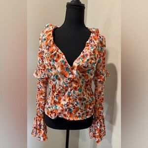 Nasty Gal Collection Floral Print Ruffle Sleeve Blouse Orange Green White Size 2